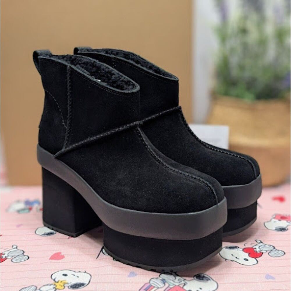 UGG Black Suede & Shearling New Heights Platform Mini Boots Women's Size 10 NIB - Picture 3 of 14